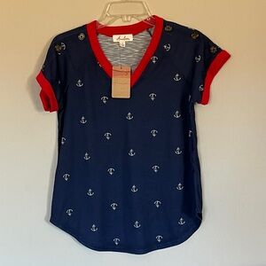 Anneliese Nautical Blue Anchor Print Short Sleeve T-Shirt with Red Trim Size S